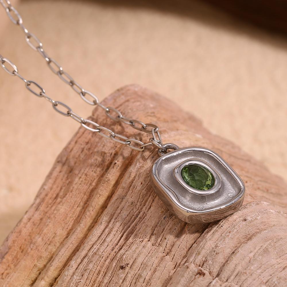 MamacitaSlay Retro Irregular Pendant Round Green Zircon Paper Clip Chain women's necklace trendy women's stainless steel jewelry
