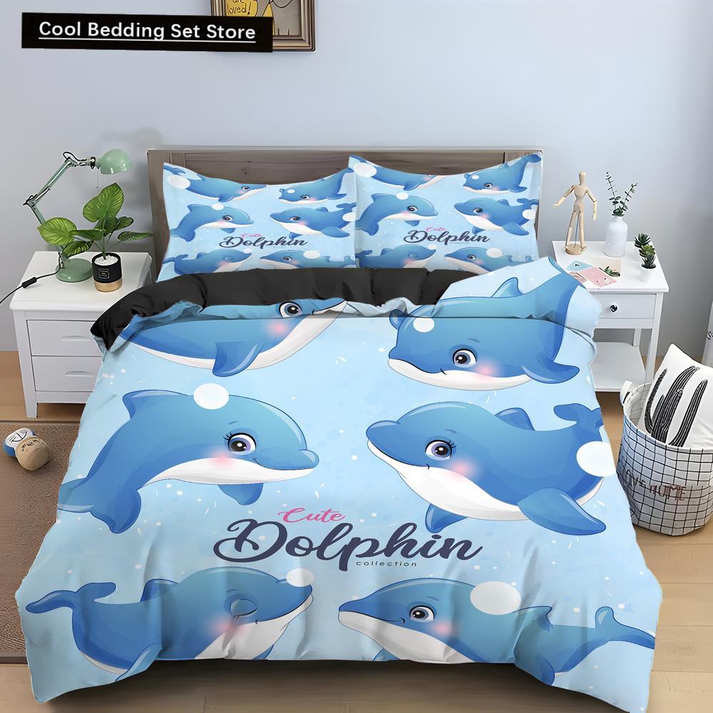 Bule Dolphin Whale King Queen Duvet Cover Underwater World Bedding Set Cartoon Sea Animal Comforter Cover Polyester Quilt Cover