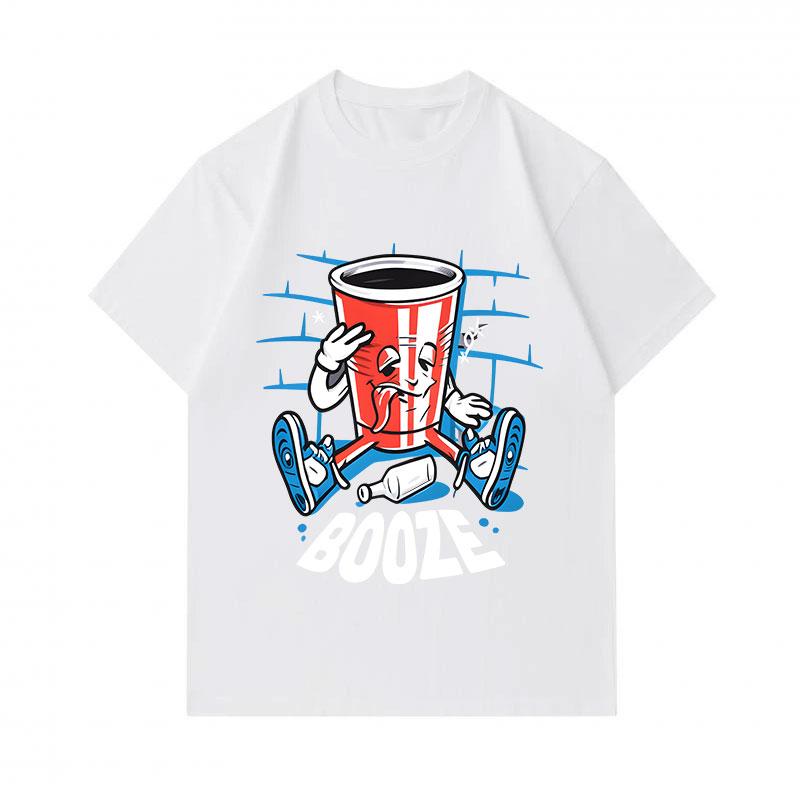 Men's 100% Cotton Crew Neck Short Sleeve T-Shirt, Funny Drunk Red Cup Booze Cartoon Printed Casual Daily Comfortable Soft Tee Top for Party Street Wea