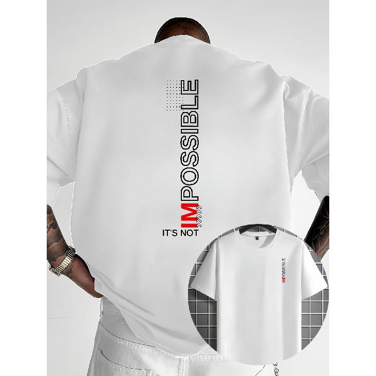 men's white graphic tee with bold 'impossible' print, relaxed fit short sleeve crew neck cotton shirt for streetwear casual daily wear