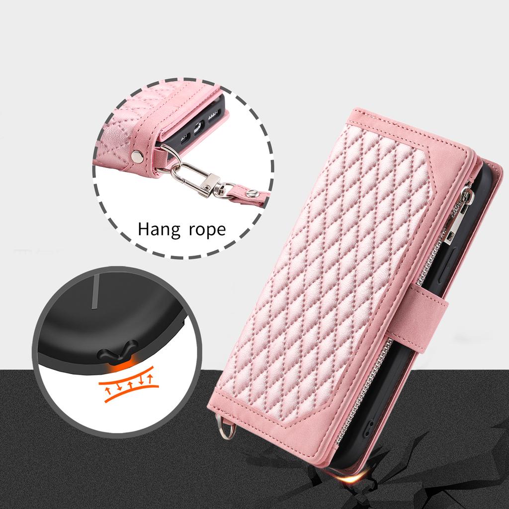 For iPhone 17 Air Wallet Case Rhombus Stitching Line PU Leather Phone Cover with Wrist Strap