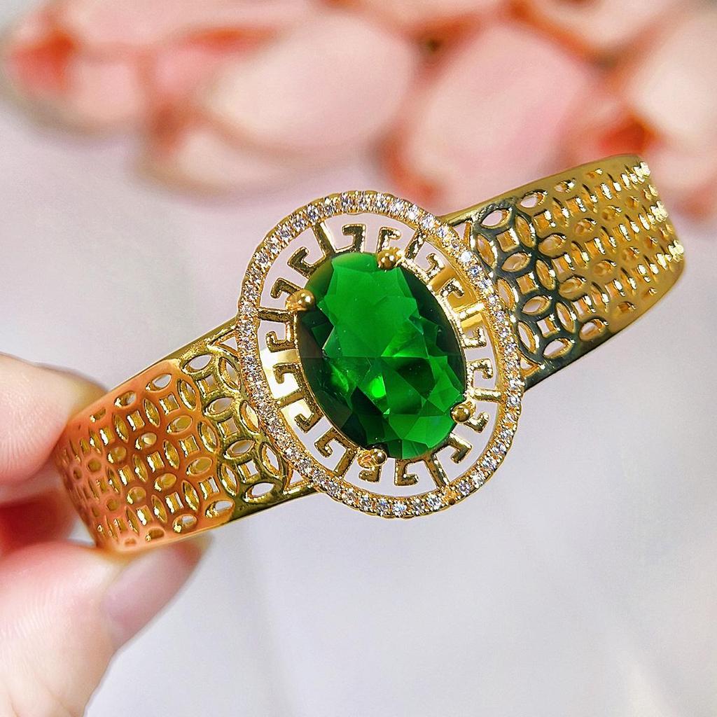 CMM Retro Palace Handmade Hollow Italian Brushed Metal Natural Green Zircon Light Luxury Wide Bracelet Bangle Hand Accessories