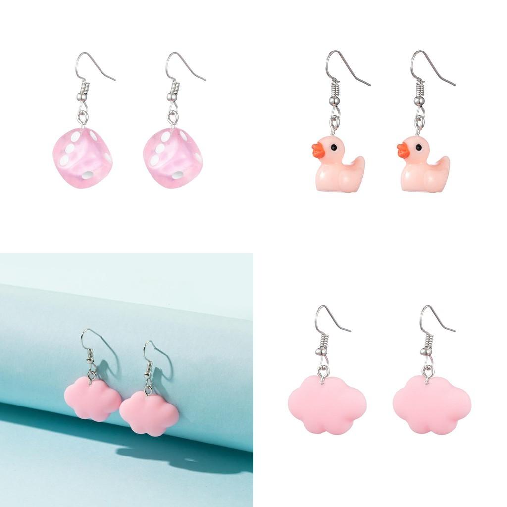 Stylish Pink Resin Earrings Set With White Cloud Duck And Dice Design For Women