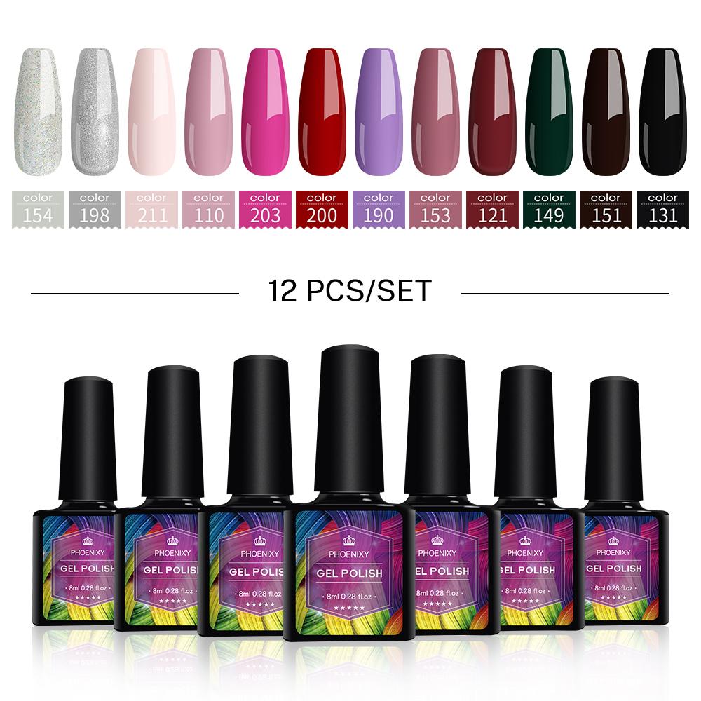 PHOENIXY, 4/12/18 цветов, набор гель-лаков для ногтей, набор гель-лаков для замачивания, маникюр, полупостоянные гибридные лаки, основа и верхний дизайн ногтей