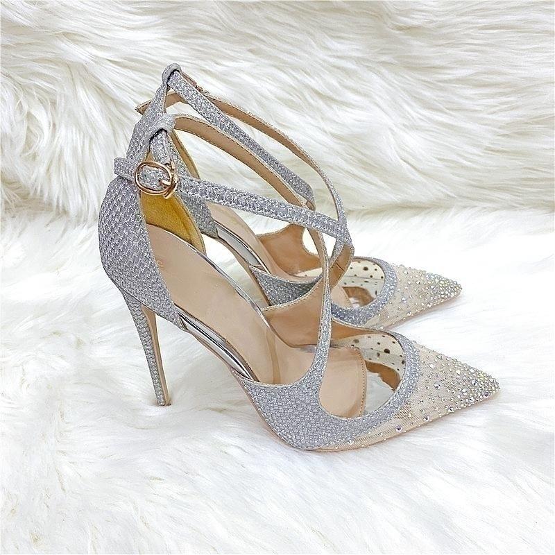 Fashionable New Silver Colored Diamond Mesh High Heels, Women's Thin Heeled Pointed Shoes, Cross Strap Sandals