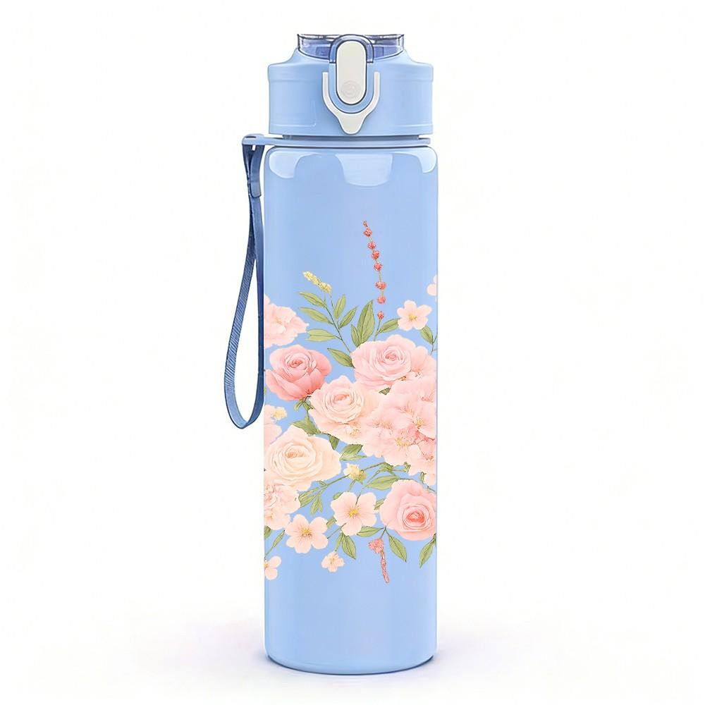 1PC Soft Pink Floral Bouquet 750ml Color Plastic Sports Water Bottle Leakproof Flip Straw Lid Suitable for Sports Office Home Use