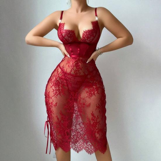 Сексуальное кружевное платье-бэбидолл для женщин, прозрачная сетчатая сорочка, одежда для сна с боковым разрезом, V-образным вырезом, ночная сорочка для медового месяца, годовщин