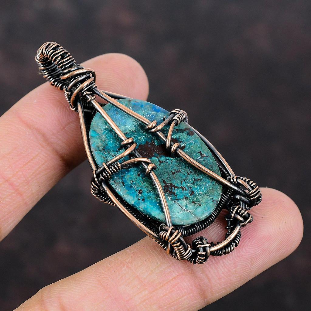 Кулон с хризоколлой, кулон, обмотанный медной проволокой, кулон ручной работы, украшение с хризоколлой, новый кулон, подарок для мамы, медные украшения