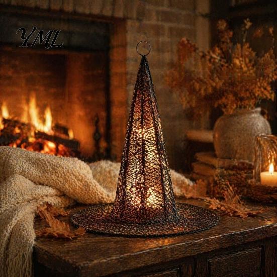 Gold Mesh Party Decor for Home Glowing Halloween Witch Hat with Warm LED Lights, Wizard Reusable Window Hanging Spooky Costumes, Indoor Outdoor