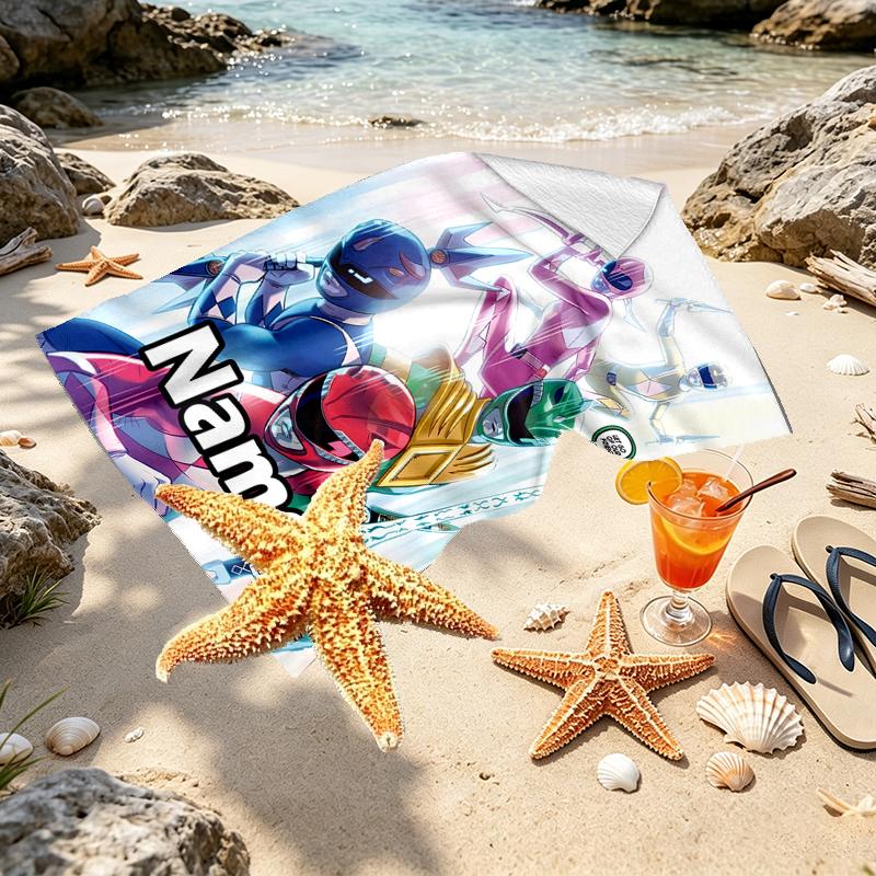 Custom Name Personalized Mighty Morphin Power Rangers Print Beach Towel, for Trip Camping Beach Party Home Decor, Birthday Gift for Family & Friends