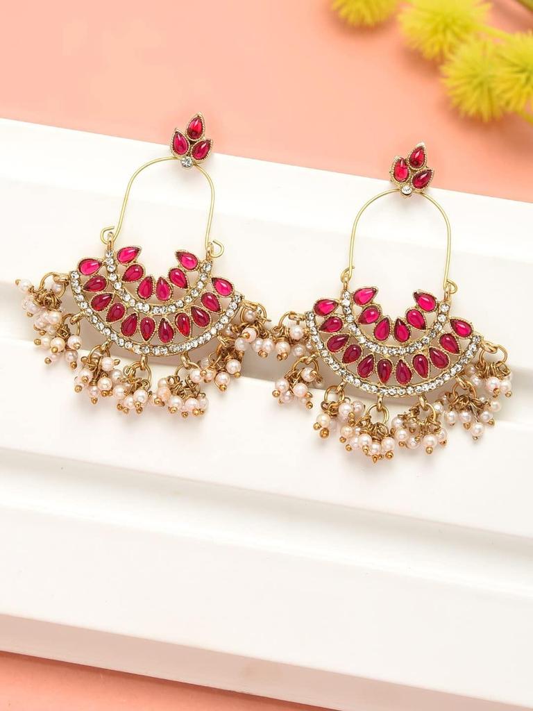 Pink Kundan Austrian Diamonds & Beads Dangle Ethnic Earrings For Women
