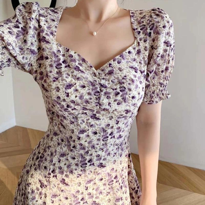 Платье миди с принтом, женское элегантное трапециевидное корейское винтажное платье с коротким рукавом, летние женские платья 2021, вечерние платья с квадратным воротником в стиле бохо, Vestidos