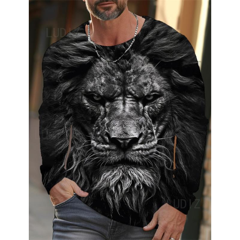 The Mens Long Lion Graphic Sleeve Tshirt For Men Clothing Casual Mens Top Tees Fashion Animal 3d Full Printing Streetwear