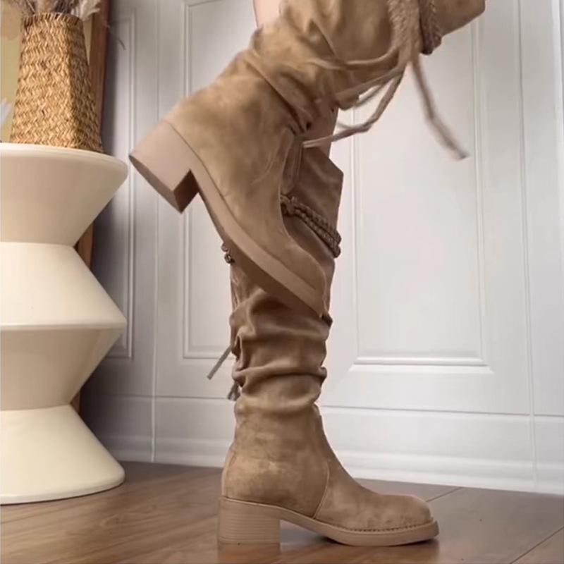 Soft Leather Retro Wasteland Fringed Knight Boots Thick Heel But Knee Long Boots Slim Pile Medium Boots Women