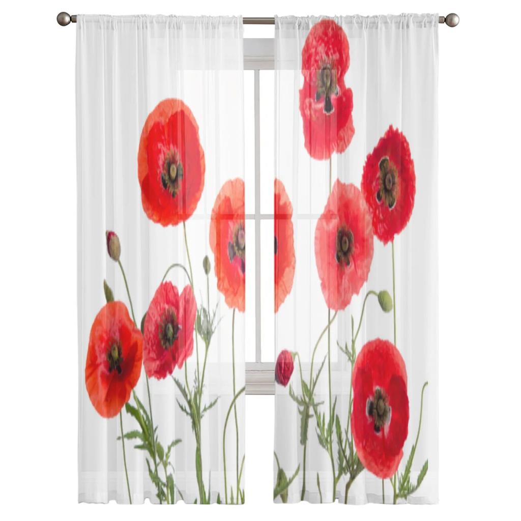 Тюлевые прозрачные оконные шторы с красным цветком мака для гостиной, спальни, современные шифоновые вуали, тканевые шторы