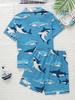 2pcs Boys' Casual Shark Print Short Sleeve Shorts Pajama Set, Loose Fit Breathable Fabric, Summer