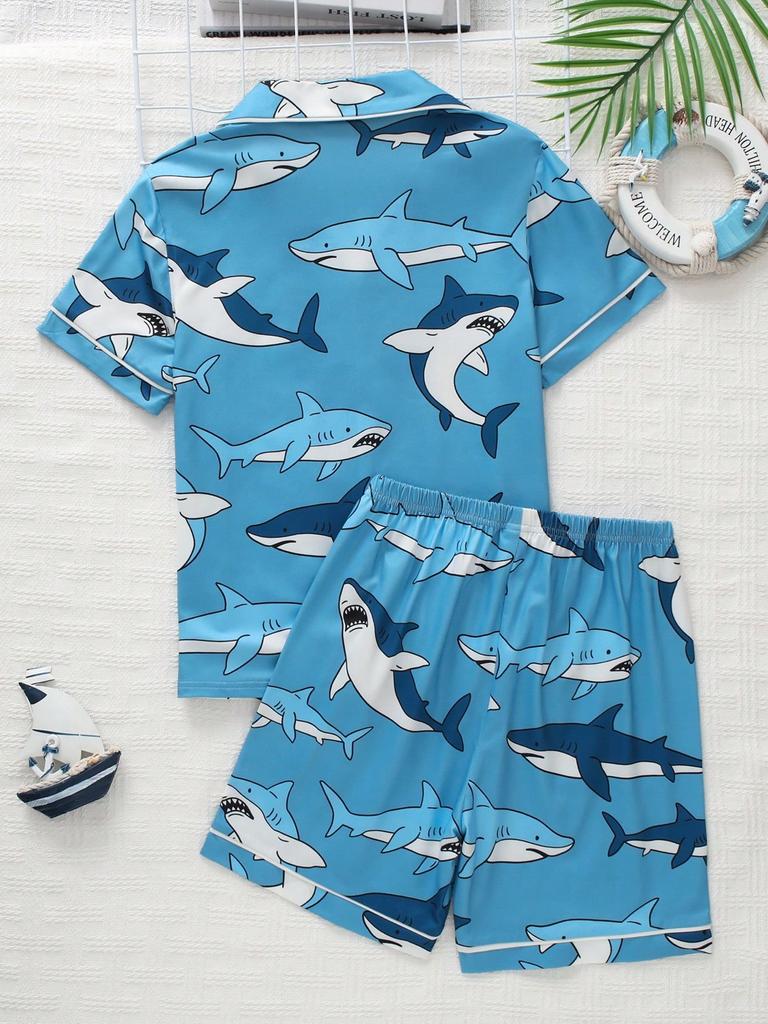 2pcs Boys' Casual Shark Print Short Sleeve Shorts Pajama Set, Loose Fit Breathable Fabric, Summer