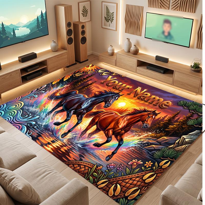 Horse Theme Soft Crystal Velvet Rug Custom Name & Text Print Non Slip Floor Rug for Bedroom Living Room