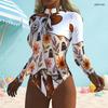 Women Plus Size High Neck Front Zip Long Sleeve One Piece Sloth Printed Swimsuit