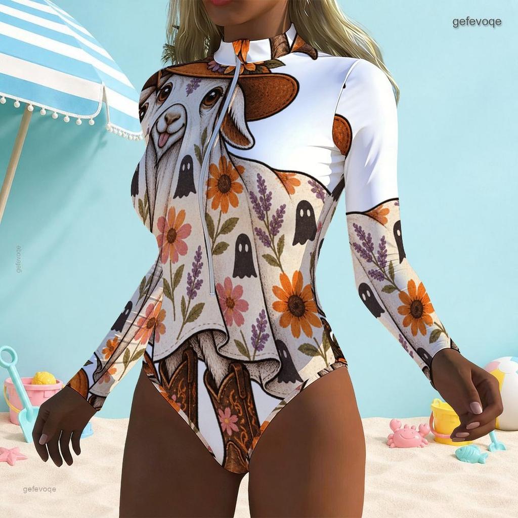 Women Plus Size High Neck Front Zip Long Sleeve One Piece Sloth Printed Swimsuit