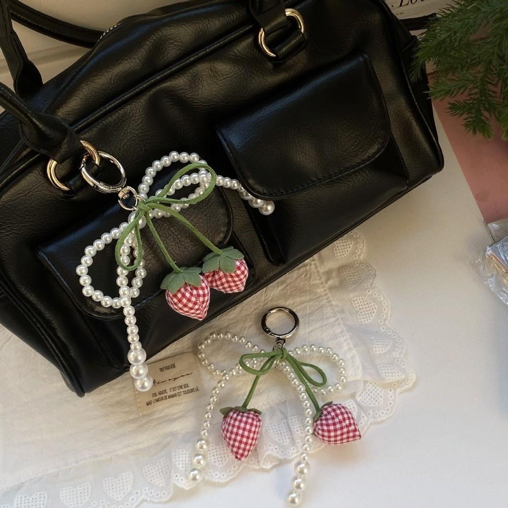 DIY Strawberry Bow Keychain Pearl Bowknot Mobile Phone Pendant Women Bag Charm