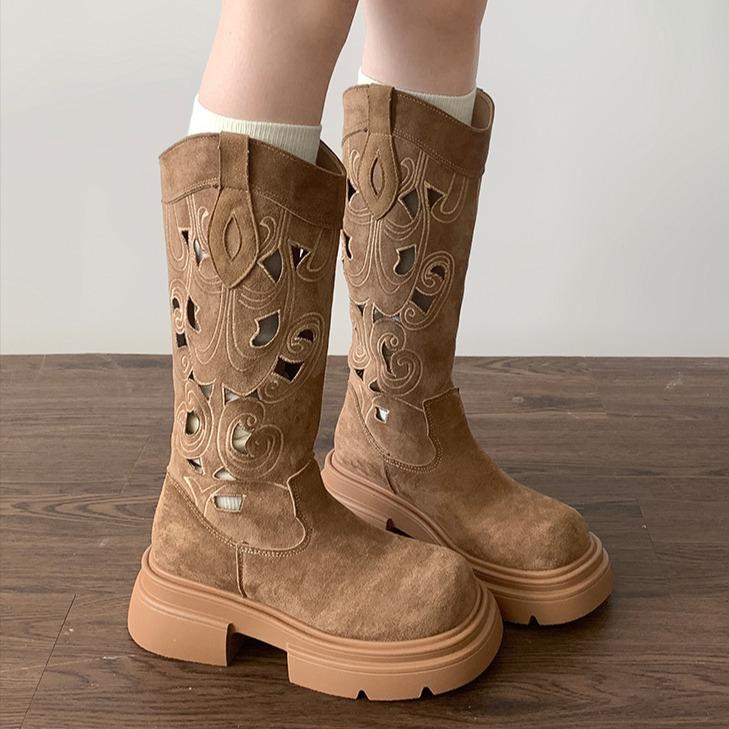 Retro British Style But Knee Thick-soled Boots Women's 2025 New Spring and Autumn Heightening Hollow V-mouth Knight Boots