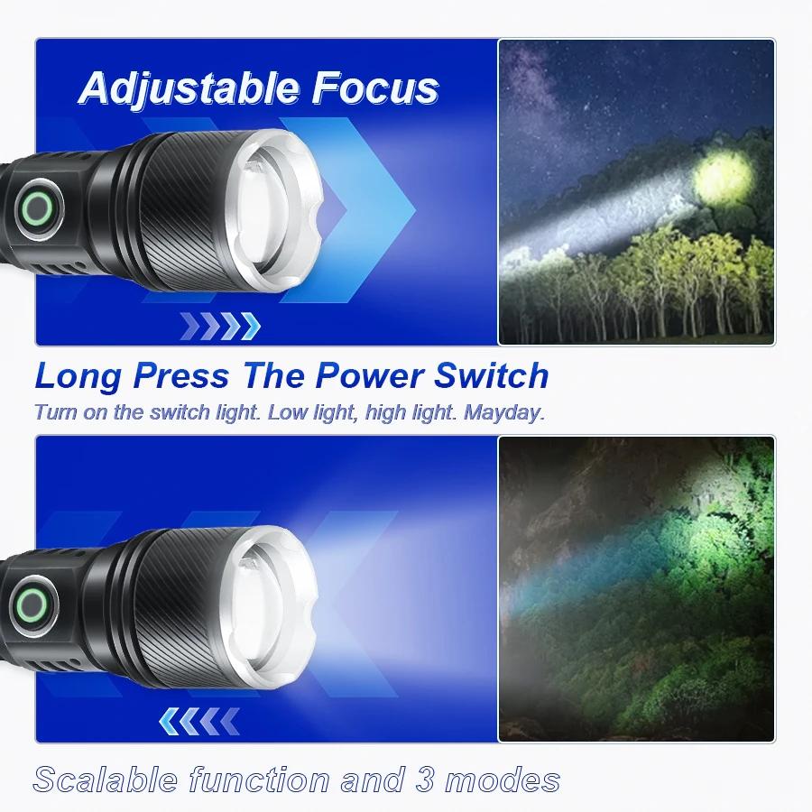 Most Powerful 500W Flashlight Ultra Bright Long Shot Torch Rechargeable LED Zoom Flashlight Outdoor Emergency Camping Torch