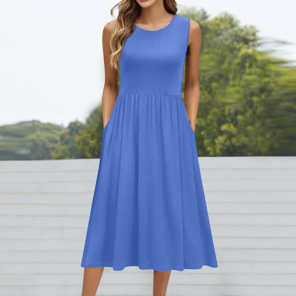 Женское модное однотонное платье без рукавов с круглым вырезом и карманом средней длины