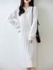 100% Pure Wool Slimming Women's Pullover Dress - Autumn/Winter, Round Neck, Lantern Sleeves, Over-Knee Length