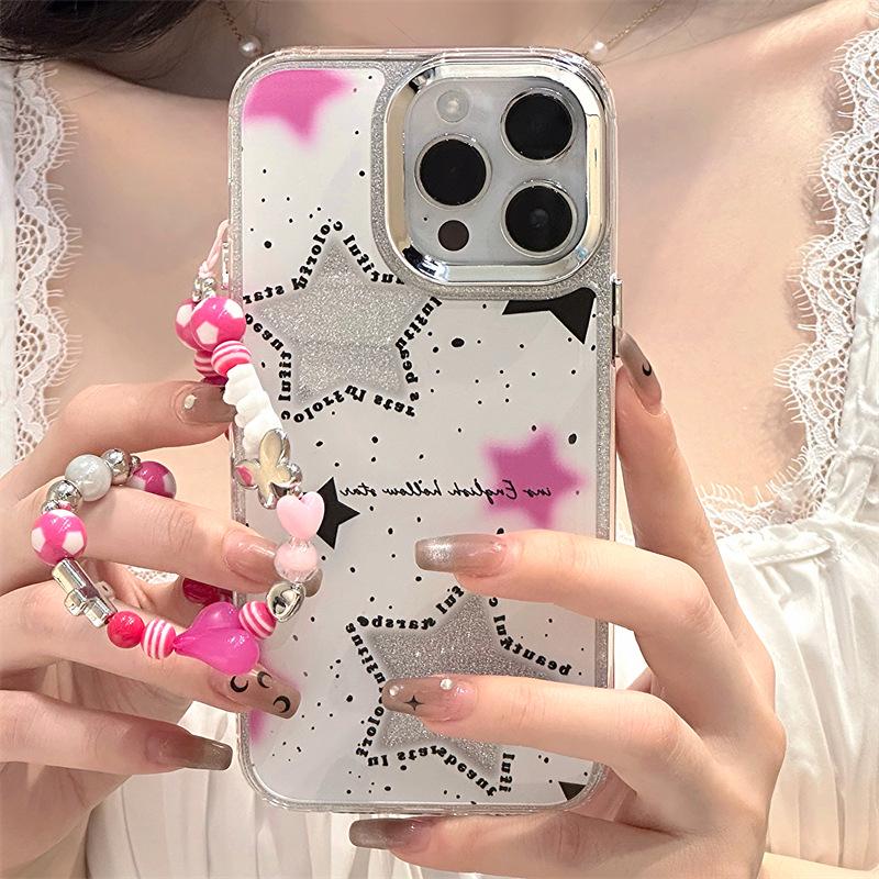 Apple 14 Ins Style iPhone Case: 12/13/15 Pro Three-in-One Acrylic Glitter Chain