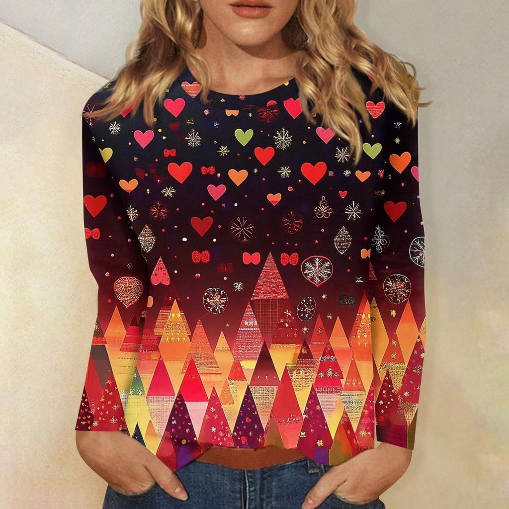 Женская мода повседневный рождественский принт круглый вырез длинный рукав пуловер топ