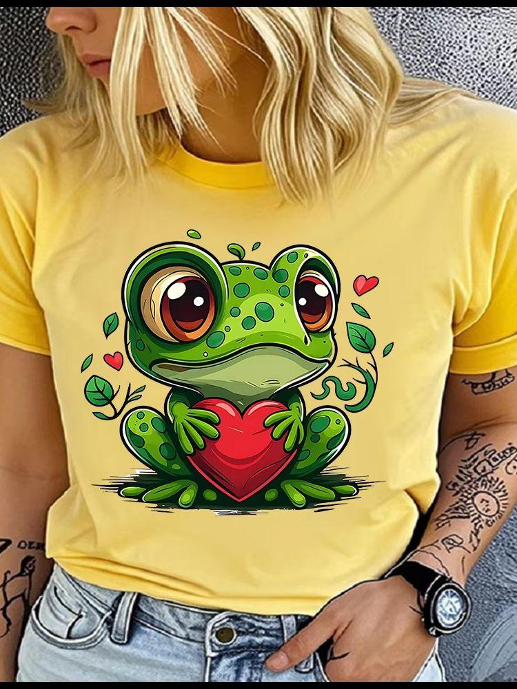 Unisex 100% Polyester Summer Top Cartoon heart-shaped frog Print Loose round Neck Short Sleeve Fashion for Lovers