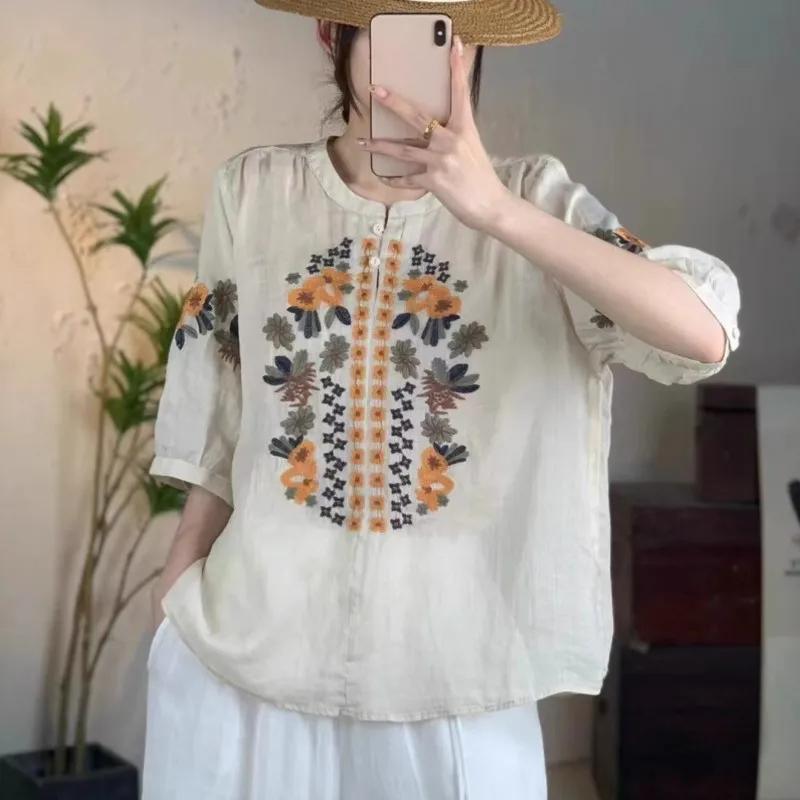 Johnature Женские винтажные вышитые цветочные рубашки, топы с круглым вырезом и коротким рукавом, летние женские рубашки