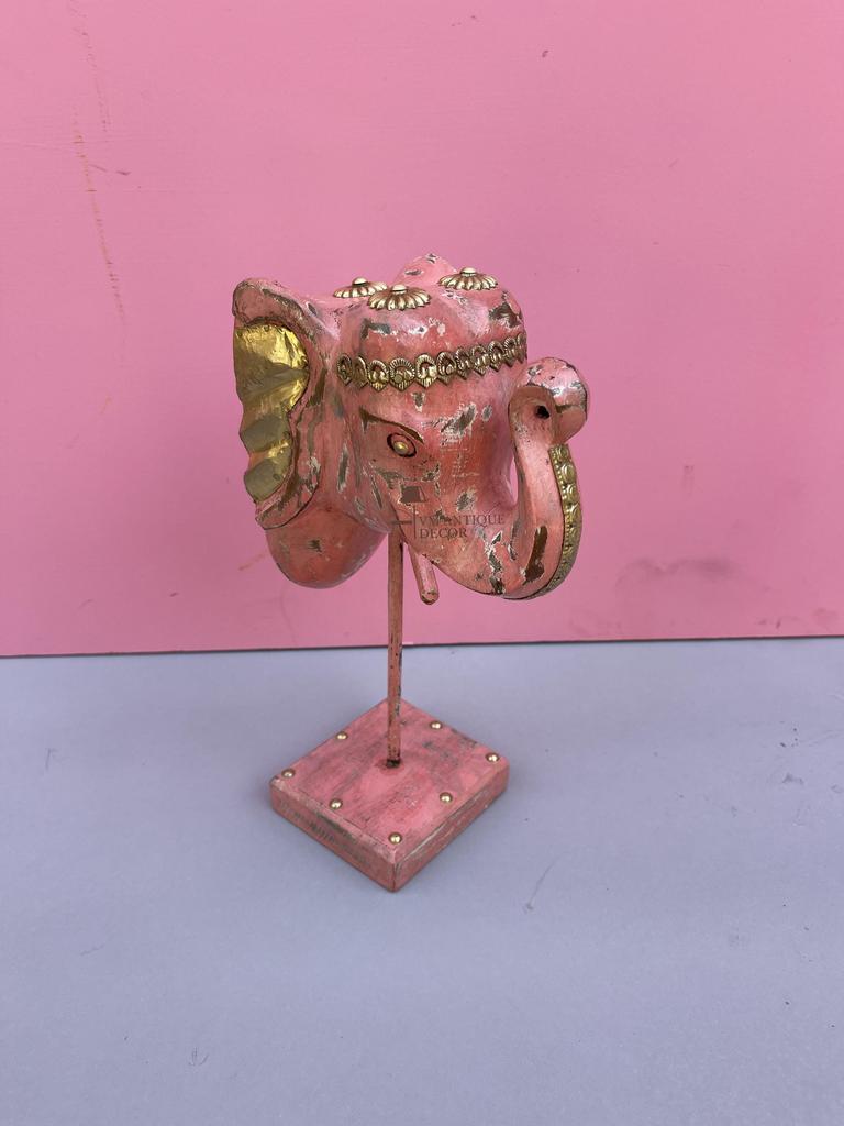 Wooden Elephant Head Sculpture -Inspired Decorative Accent | Gold & Distressed Finish Home Décor Tabletop Elephant Gift Figurines Sculpture