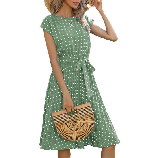 Women Polka Dot Print Midi Dress Crewneck Short Sleeve A-line Dress with Belt Summer Beach Swing Sundress