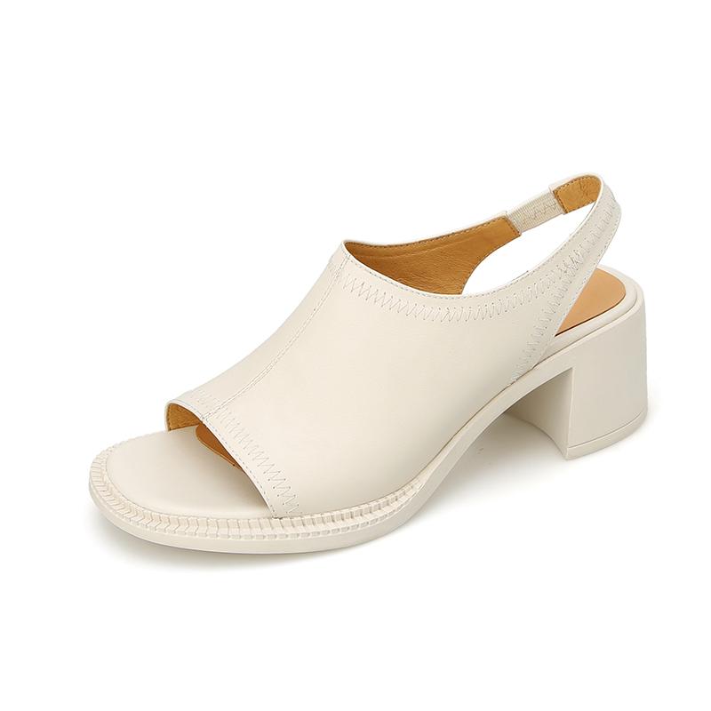 Новые летние женские босоножки из натуральной кожи, женские туфли с открытым носком, туфли-лодочки с открытым носком, бежевые гладиаторские туфли на толстом каблуке