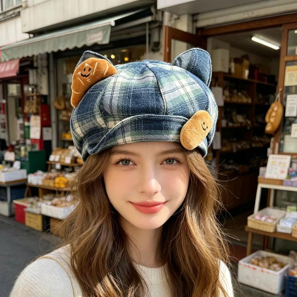 Cute plaid deer ears beret female autumn and winter face small octagonal hat big head circumference painter hat