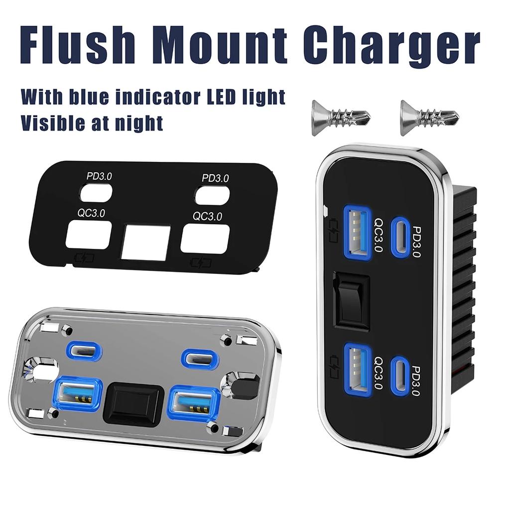 4 Ports Car Charger Socket Panel 12V/24V PD3.0 Type-C Quick Charge & QC3.0 Panel Wall Mount Charger Adapter for Car Bus RV Truck