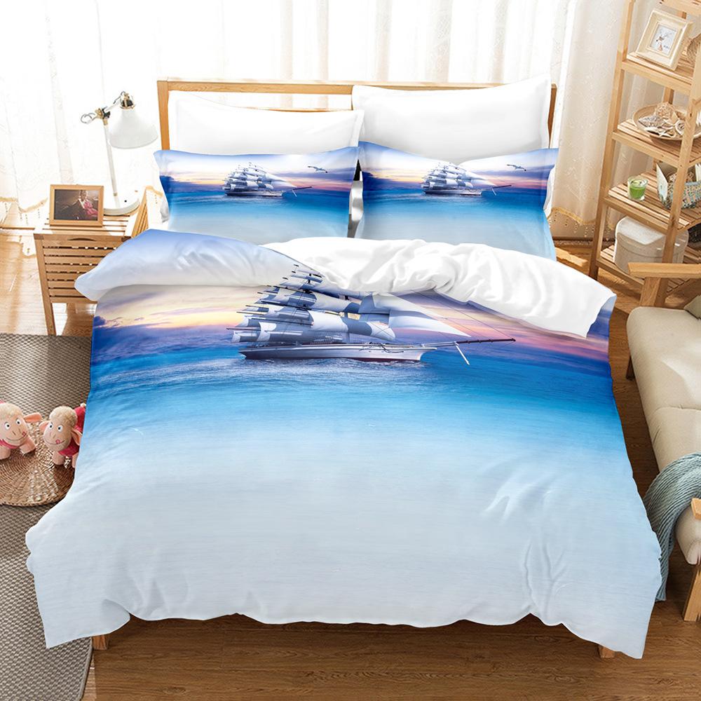 3D печать Роскошный комплект постельного белья Парусник Пух Пододеяльник Наволочка 2/3 шт. DE200 * 200 Полноразмерная супер большая кровать Мягкий домашний текстиль на молнии