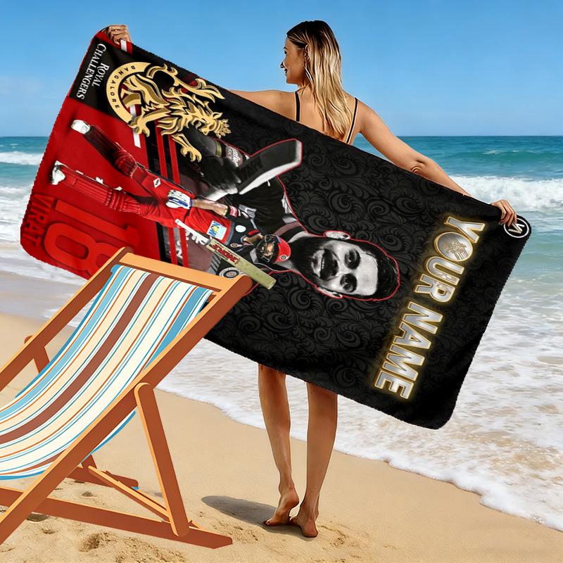 Name Custom RCB logo Print Beach Towel, Large Soft Quick Dry Towel for Beach Camping Swimming