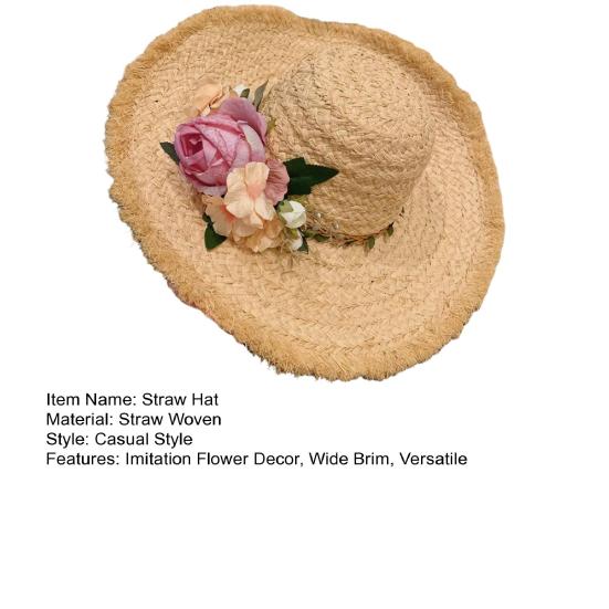 Women Straw Hat Imitation Flower Decor Wide Brim Sun Protection Hat Lightweight Quick-Drying Summer Sun Hat