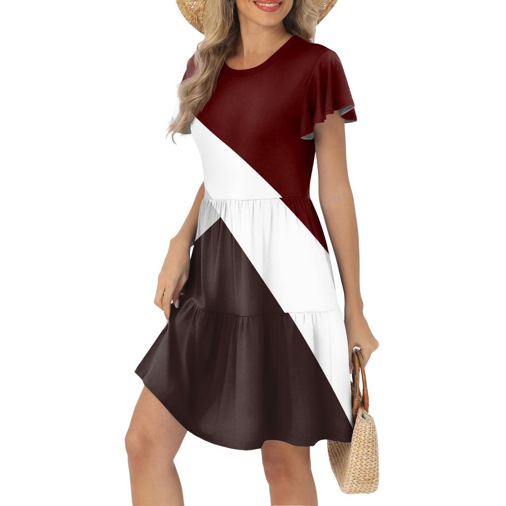 Женские летние повседневные платья с оборками на рукавах, круглым вырезом и карманами в стиле пэчворк