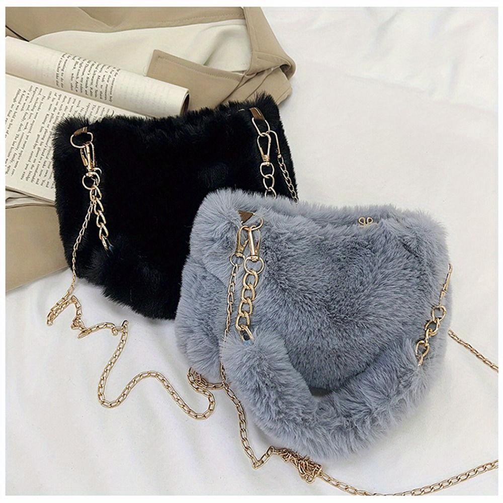Women Fluffy Shoulder Bags Female Winter Chain Underarm Bag Solid Color Handbag Soft Plush Handle Bag