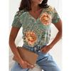 Floral Pattern Women's T-shirt, V-neck Regular Comic Short Top, Daily Printed T-shirt, 2025 Summer Casual Top