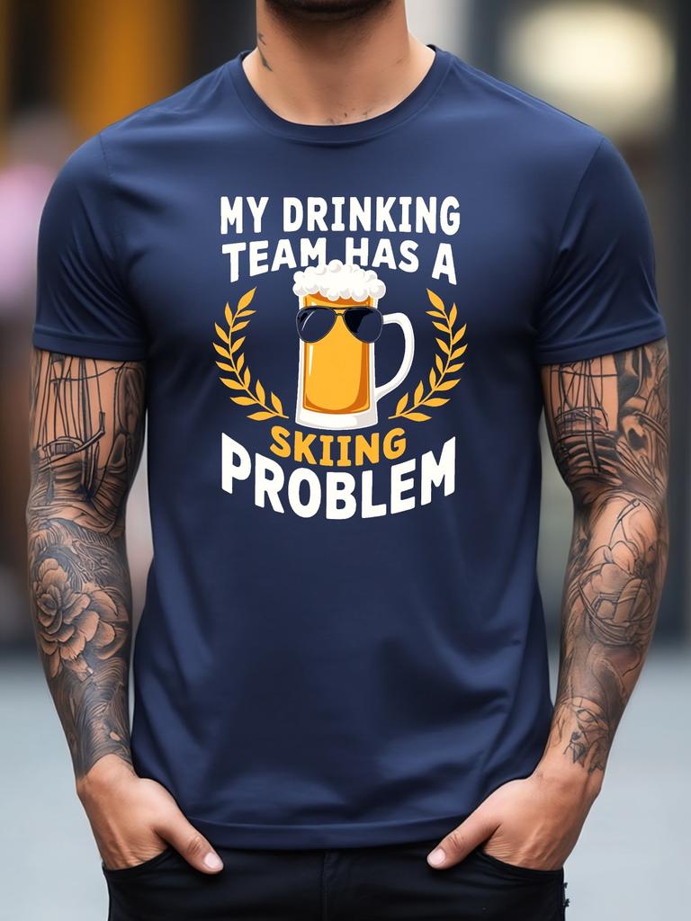 Unisex Cotton Tee Beer Skiing Slogan Graphic Short Sleeve Crew Neck Casual Street T Shirt For Outdoor Beer Fans Summer Daily Tops