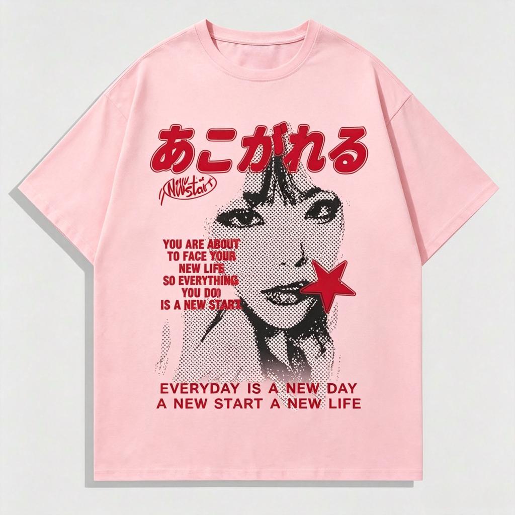 Halftone Girl Portrait Red Star Japanese Text Print T Shirt Y2k Punk Harajuku Unisex Oversized Graphic Short Sleeve Tee