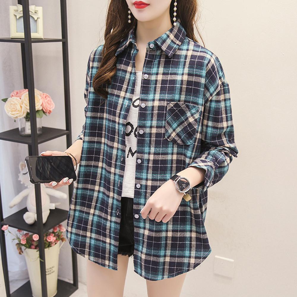 Lattice Print Blouse Women Long Sleeve Turn Down Collar Button T Shirts Tops