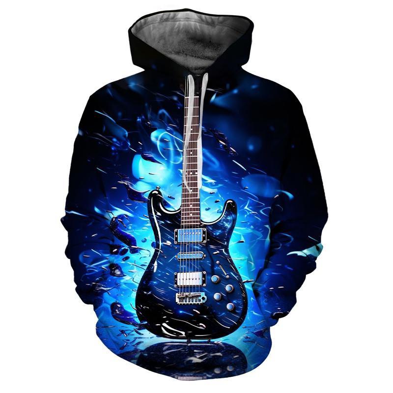 Cool Blue Fire Rock Guitar Graphic Fleece Hoodie, Autumn Winter Thick Warm Sweatshirt for Men, Musical Instrument Pullover for Trendy Casual Outings