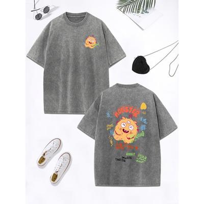 Милая желтая плюшевая футболка с принтом маленького монстра, женская хлопковая футболка оверсайз, состаренная футболка с О-образным вырезом, одежда