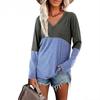 Spring Autumn Women's Blouse Shirt Collision Color Stitching V-neck Long-sleeved Loose T-shirt Tops